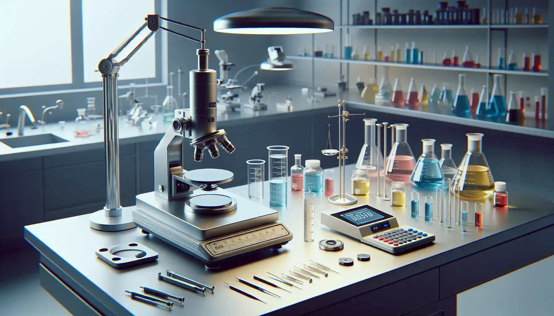Laboratorio scientifico con bilancia analitica di precisione, pesi calibrati, microscopio e vetrini, contenitori con liquidi colorati e lampada direzionale.