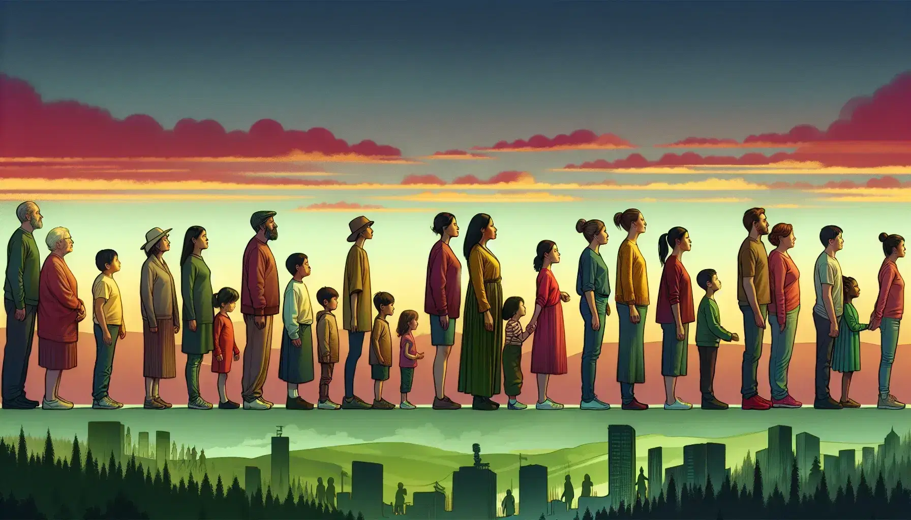 Diverse group standing in profile, from forest to cityscape, with adults and children in various attire, under a gradient sunset sky.