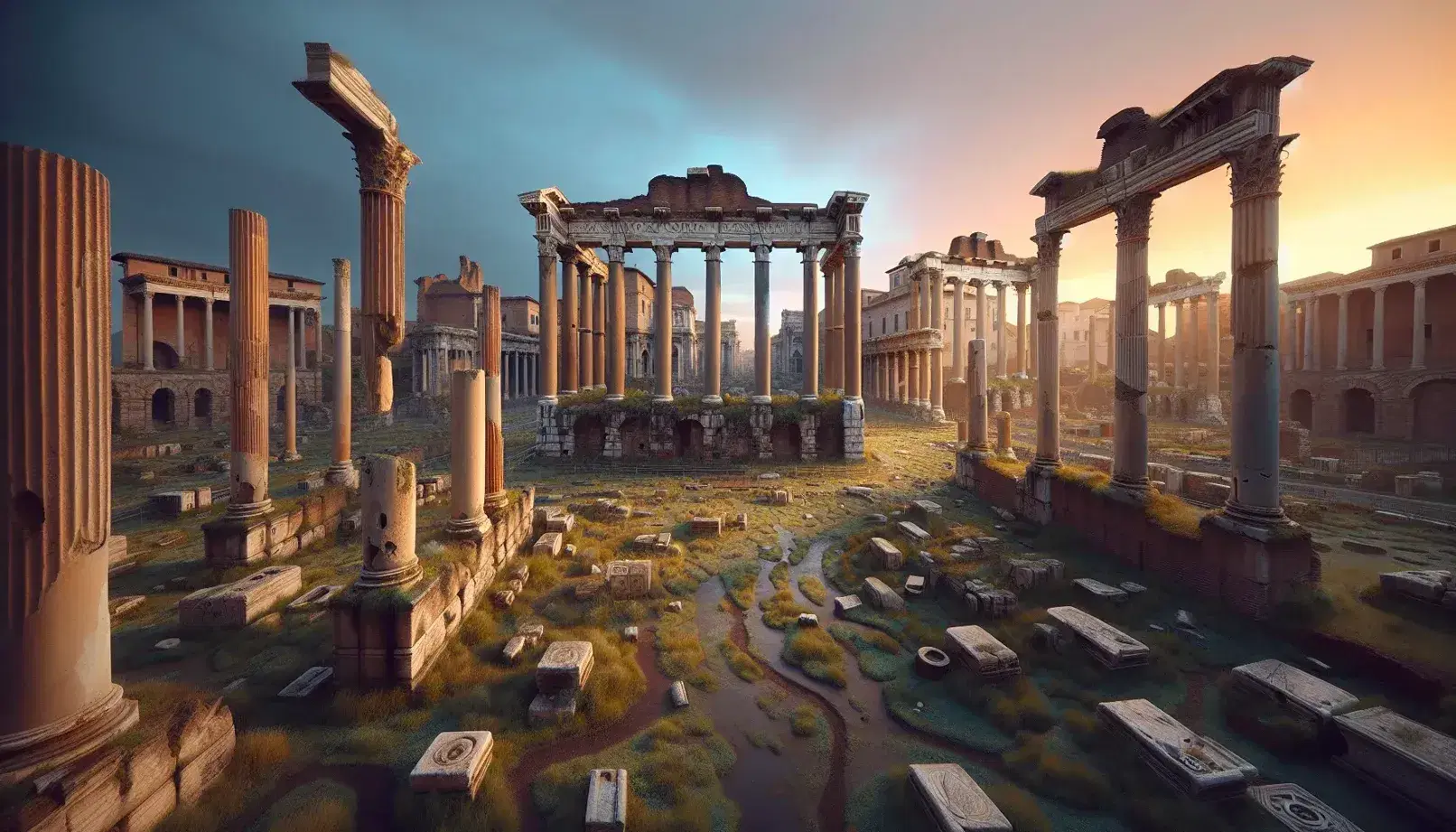 Vista panoramica al tramonto del Foro Romano con colonne erose e archi, cielo sfumato arancione e rosa, senza persone.