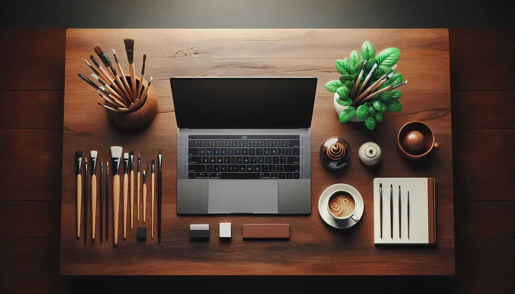Wooden desk with open laptop, cup of steaming coffee, green plant, paintbrushes and vintage camera.