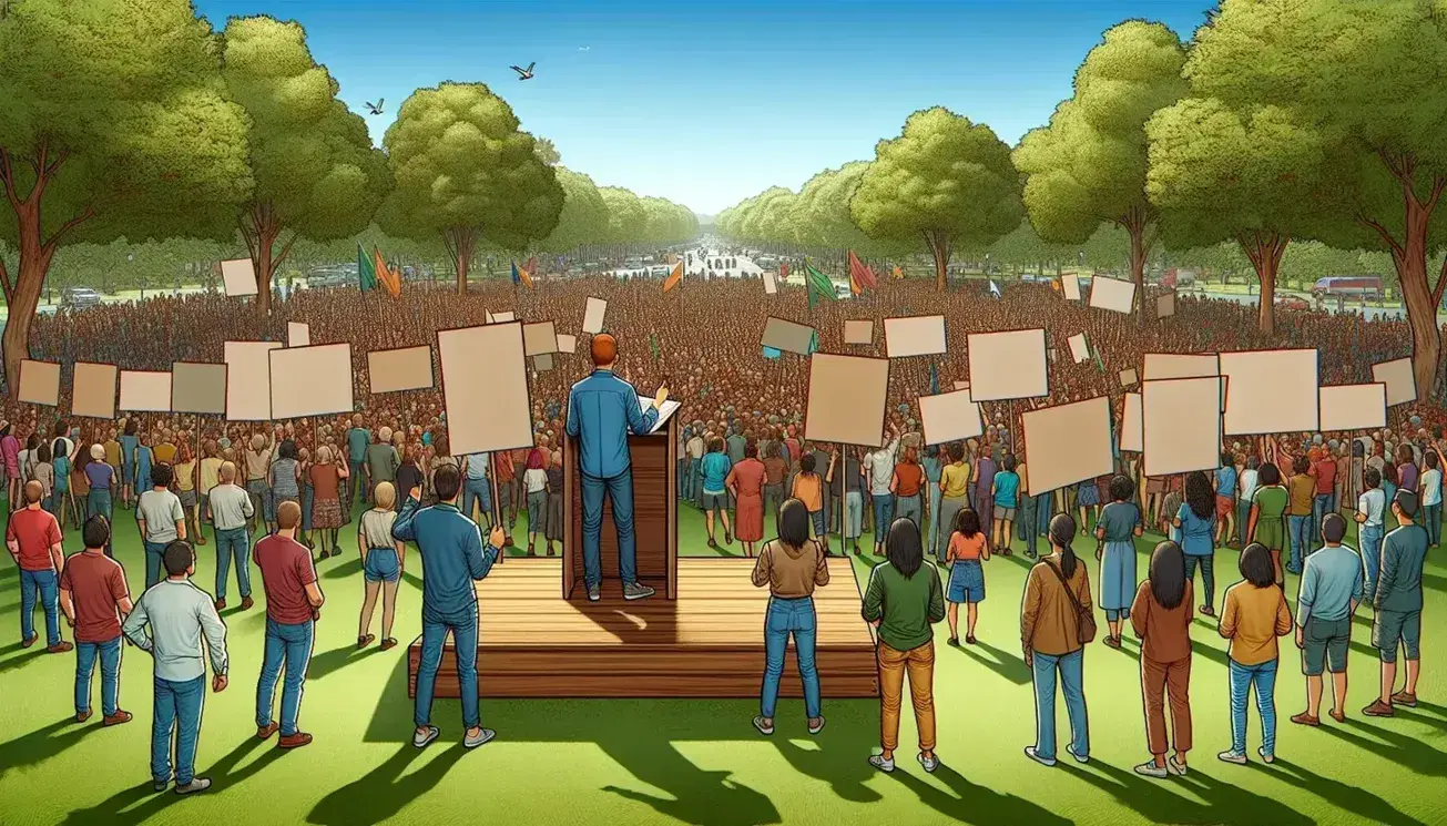 Diverse group attentively listens to a speaker at an outdoor gathering in a park, with trees and a clear sky in the background, some holding blank signs.