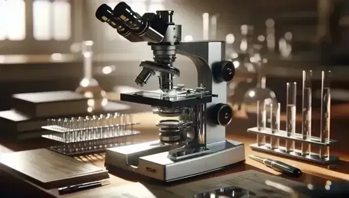 Microscopio ottico tradizionale su tavolo da laboratorio con vetrini preparati accanto, in ambiente scientifico ordinato.