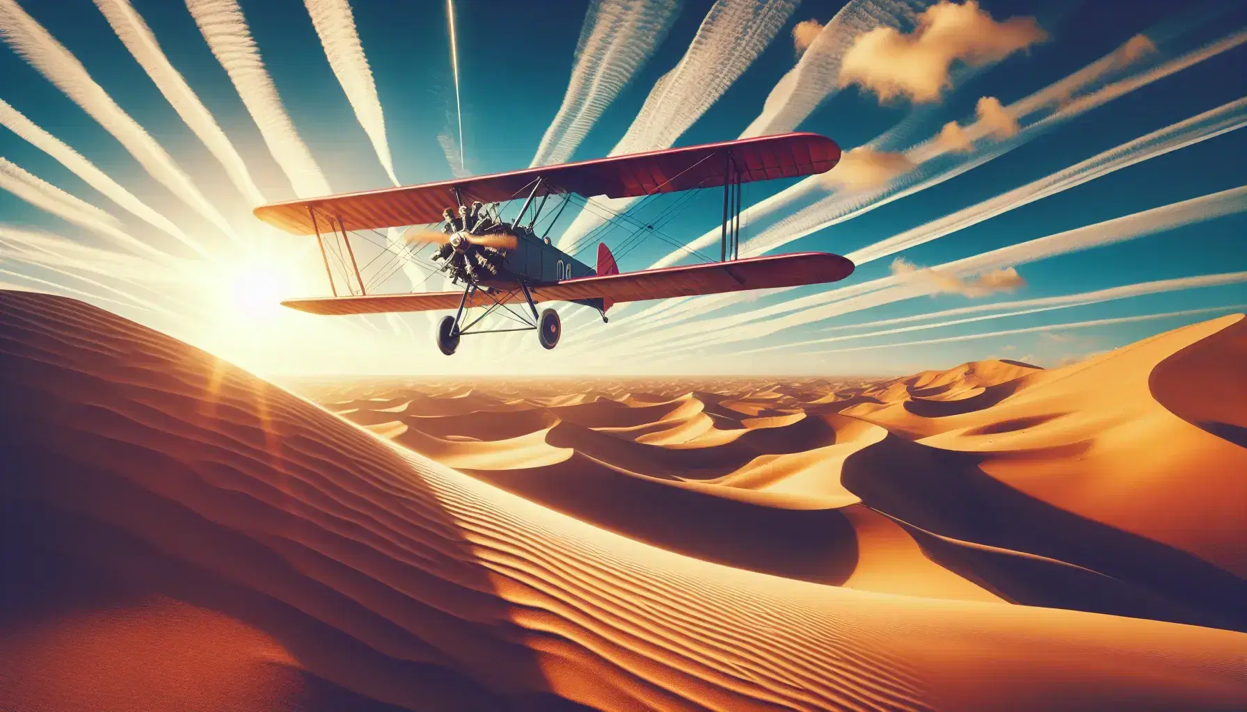 Biplano rosso con dettagli neri in volo su dune sabbiose al tramonto, cielo azzurro con nuvole sottili e ombre lunghe sul terreno.