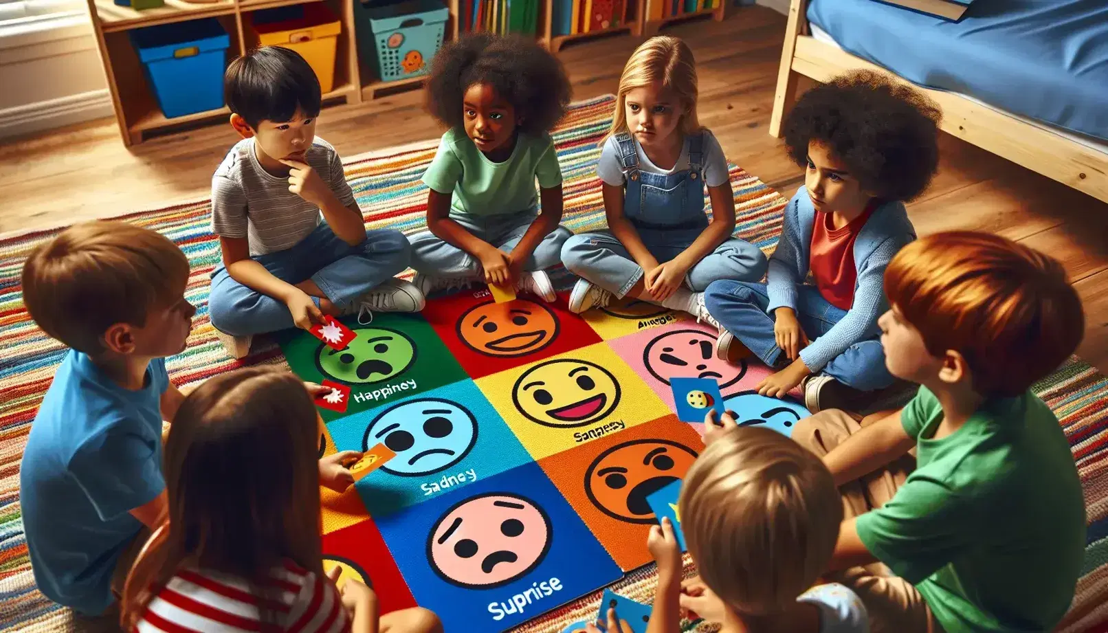 Bambini di diverse etnie seduti su tappeto colorato giocano con carte emozionali, esprimendo curiosità e imitando le espressioni.