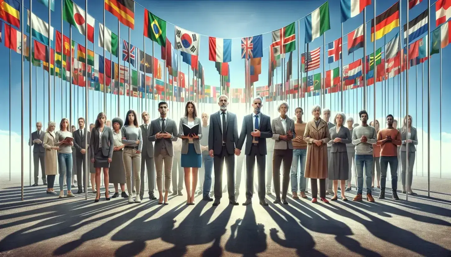 Grupo diverso de personas unidas en semicírculo con banderas internacionales de fondo, representando igualdad de género y cooperación multicultural.