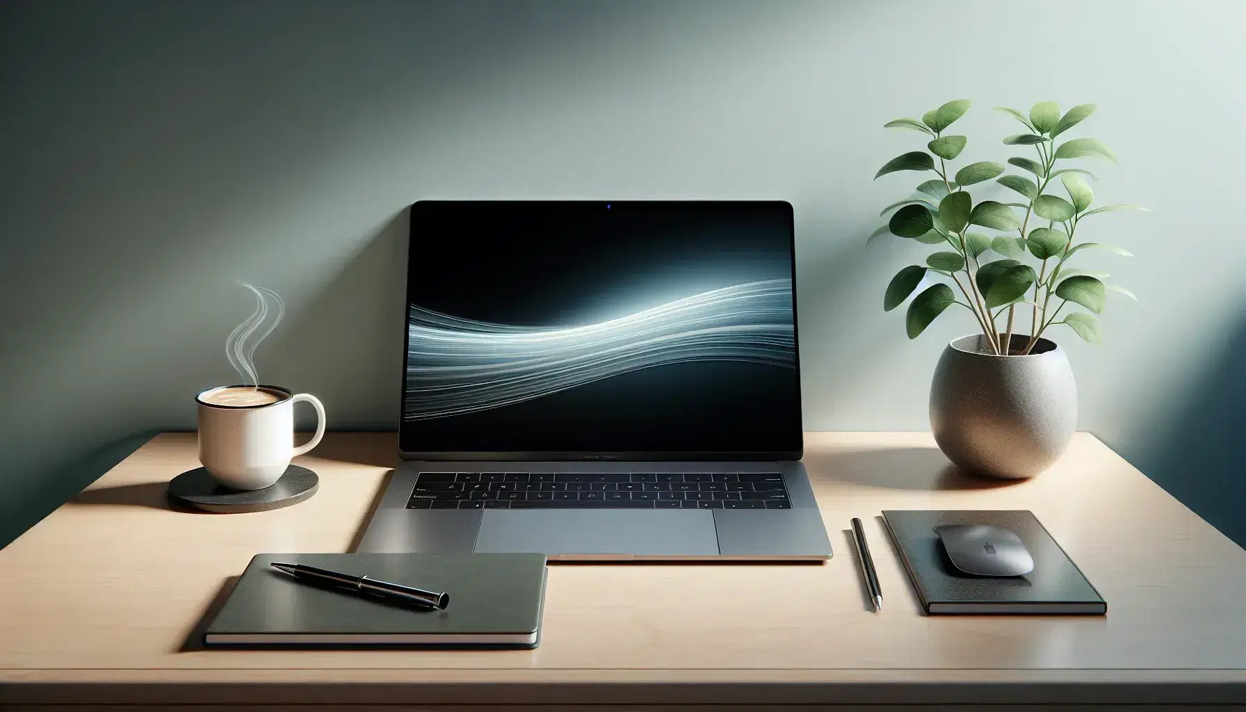 Tidy desk with modern laptop, cup of steaming coffee on dark coaster, green plant in terracotta pot and closed notebook with pen.