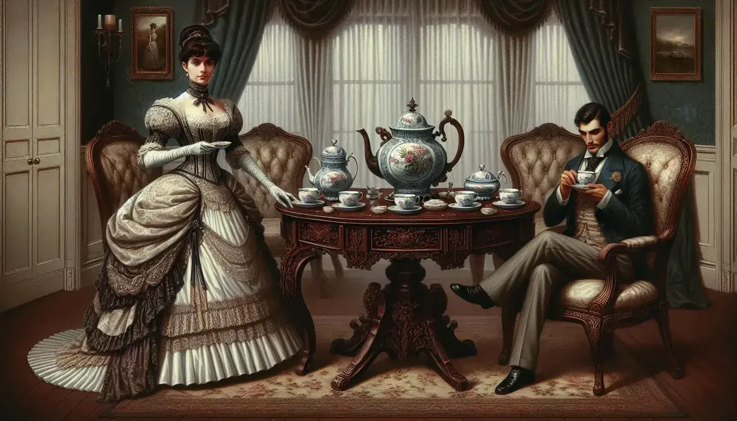 Victorian drawing room with a woman in a corseted gown and a man in a suit by a mahogany table set with a floral china teapot and cups, under a crystal chandelier.