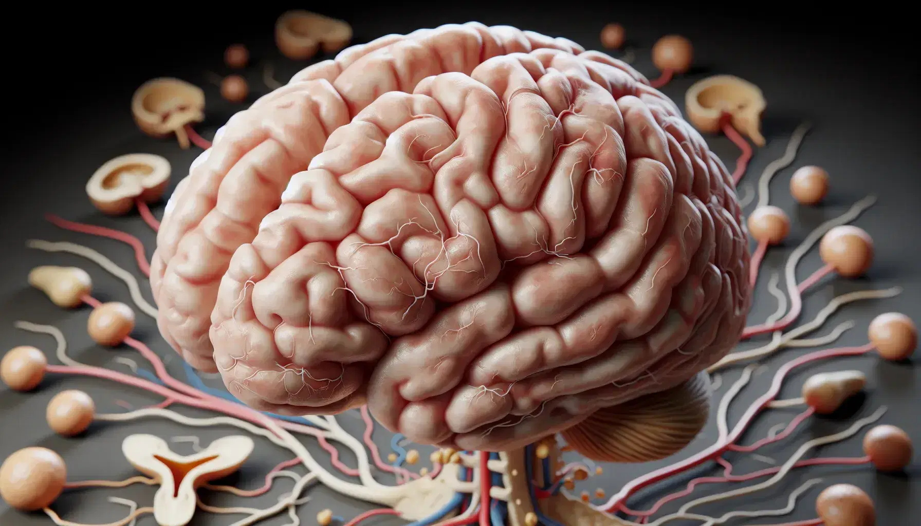 Detailed model of the human brain with highlighted hypothalamus and brainstem, surrounded by adrenal glands connected by blood vessels.