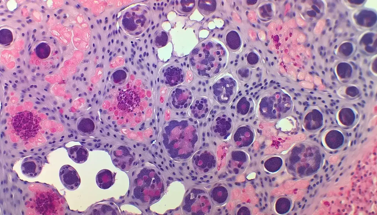 Vista microscópica de tejido celular con células teñidas en tonos rosas y morados, mostrando núcleos oscuros y formas variadas en un fondo claro.
