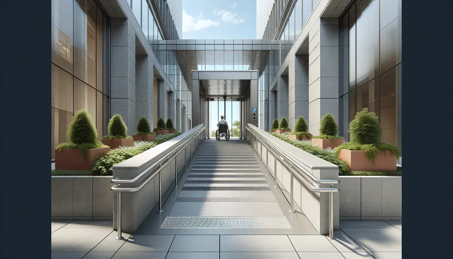 Rampa di accesso in cemento liscio con corrimano in acciaio inox e piante in vasi terracotta, porta automatica in vetro aperta e persona in sedia a rotelle.