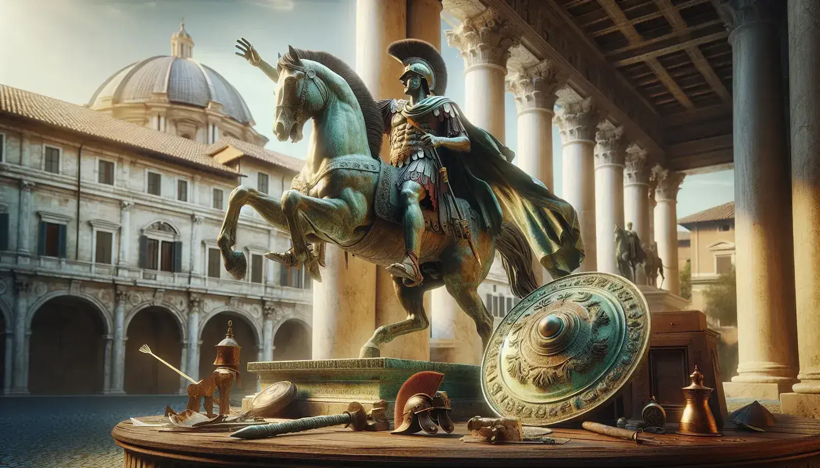 Statua equestre in bronzo di generale romano con mano alzata in piazza antica, circondata da colonne marmoree, tetti rossi e armi militari.