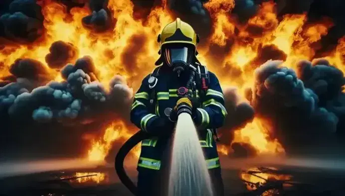 Pompiere in tenuta antincendio combatte fiamme ardenti con getto d'acqua, circondato da vapore e colleghi sfocati sullo sfondo.