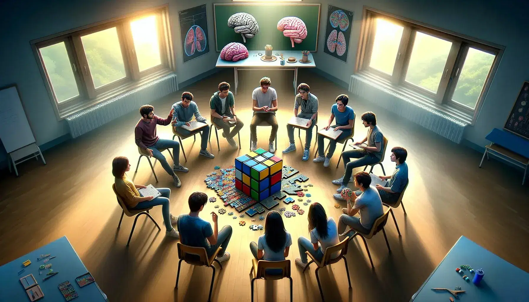Studenti interagiscono in classe con modelli didattici come cubo di Rubik, puzzle e cervello anatomico, in un ambiente luminoso.
