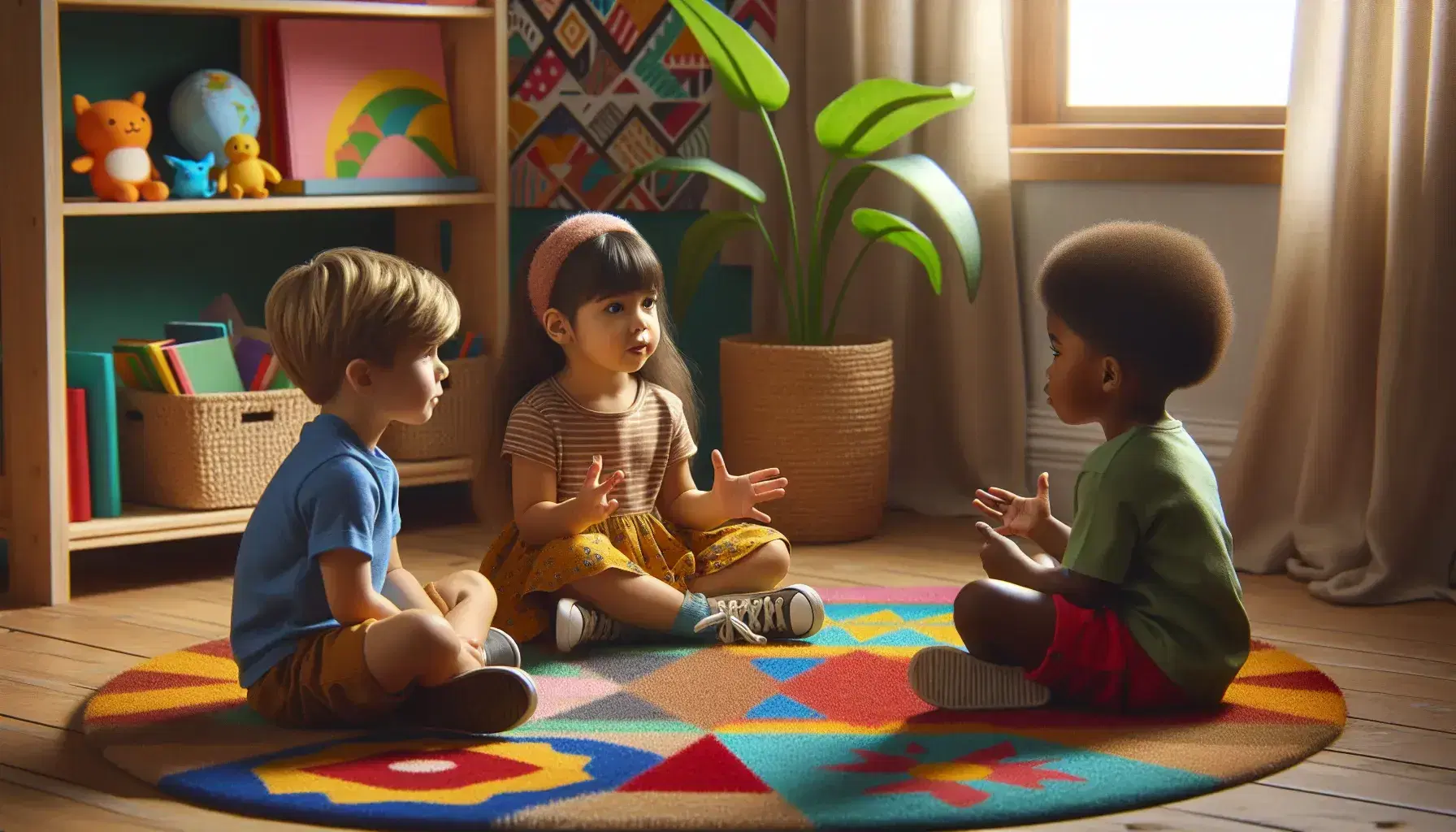 Niños pequeños sentados en alfombra colorida escuchando atentamente a un compañero que gesticula, con estantería de libros y juguetes educativos al fondo.