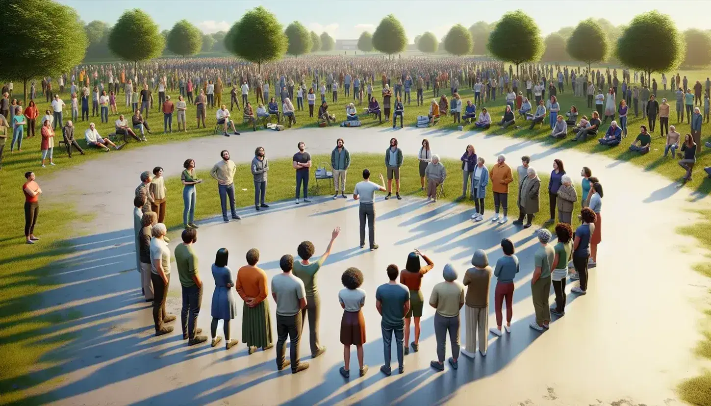 Grupo diverso de personas en reunión al aire libre en un parque, escuchando a un orador en un día soleado con cielo azul y árboles dispersos.