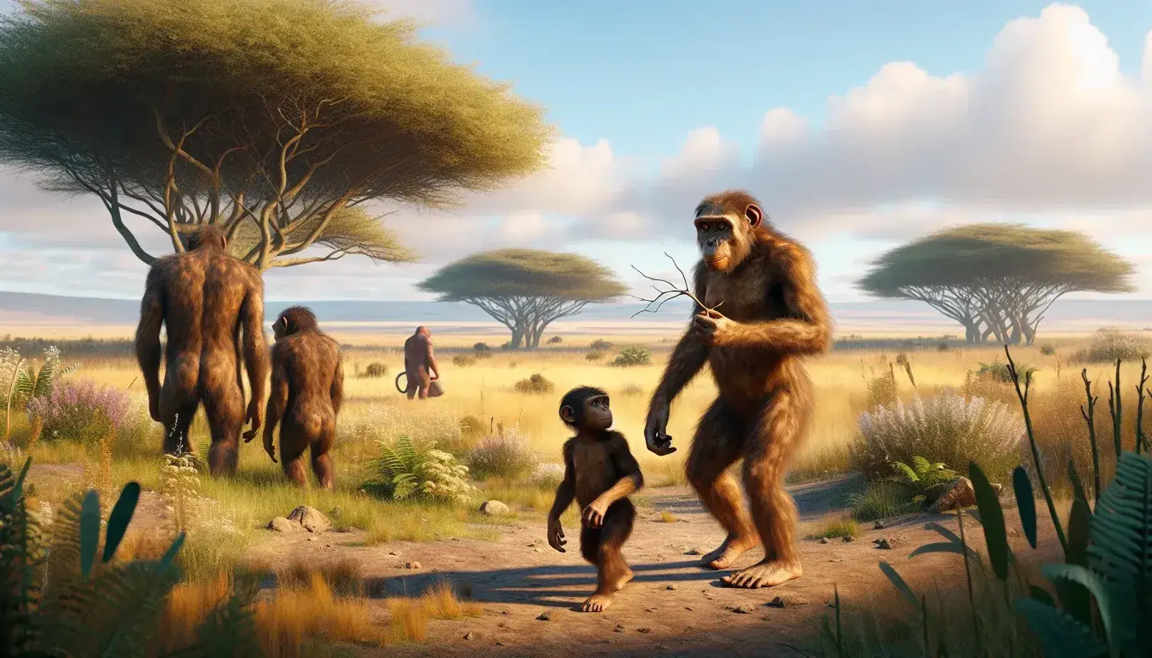Reconstrucción realista de un paisaje prehistórico con una familia de Australopithecus en primer plano y un Homo habilis en el fondo, en una sabana con vegetación dispersa.