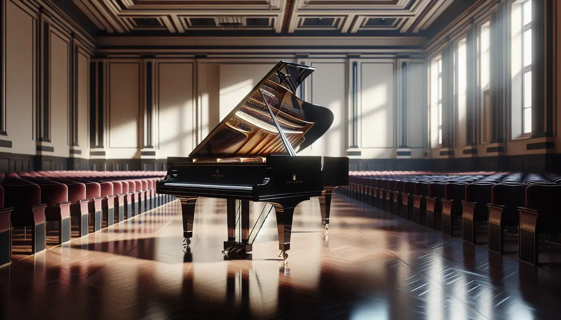 Pianoforte a coda nero lucido al centro di una sala da concerto vuota con pareti crema, pavimento in legno scuro e sedie rosse riflesse sullo strumento.