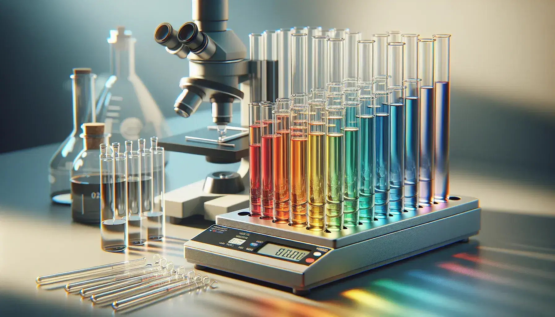 Provette in vetro con liquidi colorati arcobaleno su banco laboratorio, microscopio sfocato e bilancia analitica digitale.