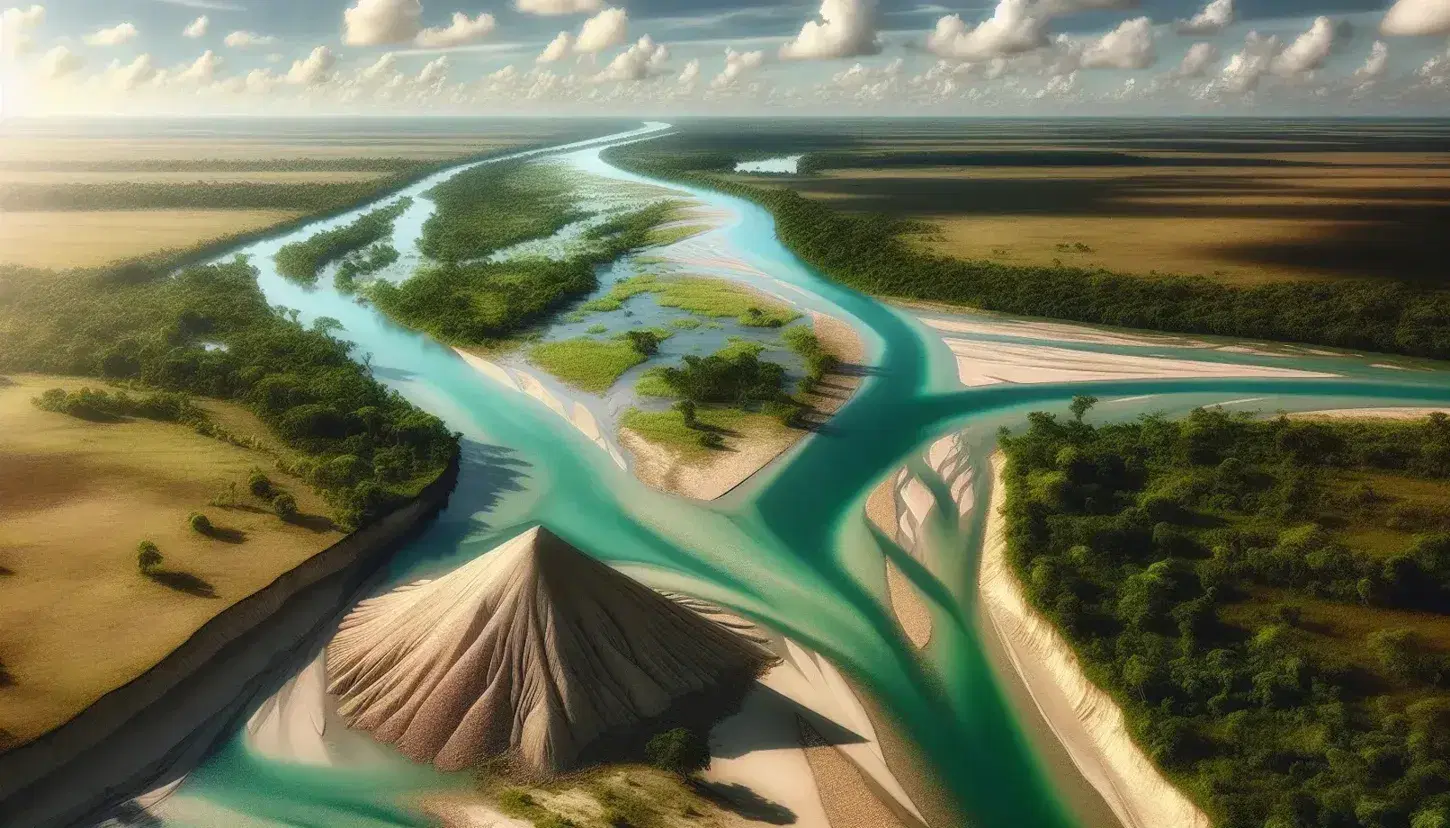 Fiume serpeggiante in pianura alluvionale con acque verde acqua, rive alberate e cono alluvionale in lontananza sotto cielo azzurro con nuvole sparse.