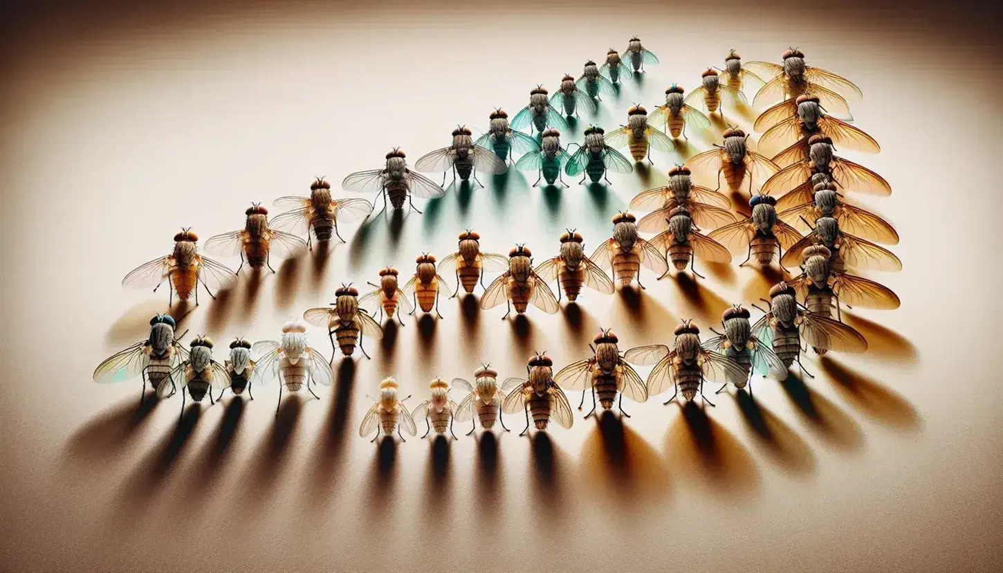 Close up of fruit flies (Drosophila melanogaster) with variations in wing and body colors from light to dark on neutral background.