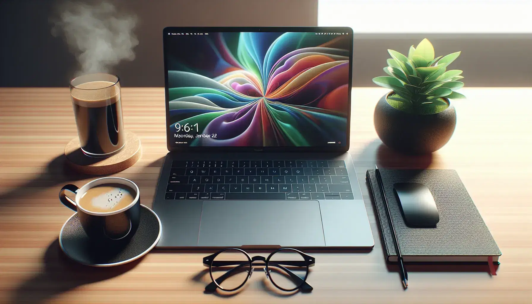 Organized desk with open laptop, abstract background, white coffee cup, green plant and glasses on blue notebook, on light wood.