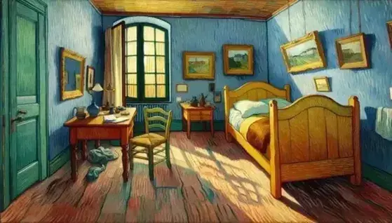 Riproduzione del dipinto 'La Camera da Letto' di Van Gogh con letto in legno, lenzuola blu, sedia gialla e pareti azzurre.