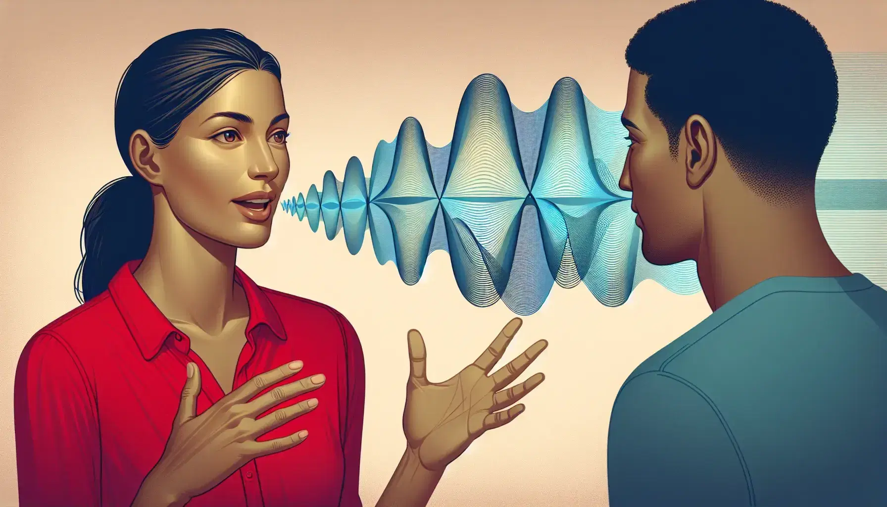 Woman with ponytail in red blouse animatedly speaking to attentive man in blue shirt, with visual sound waves between them, in a sunny outdoor setting.