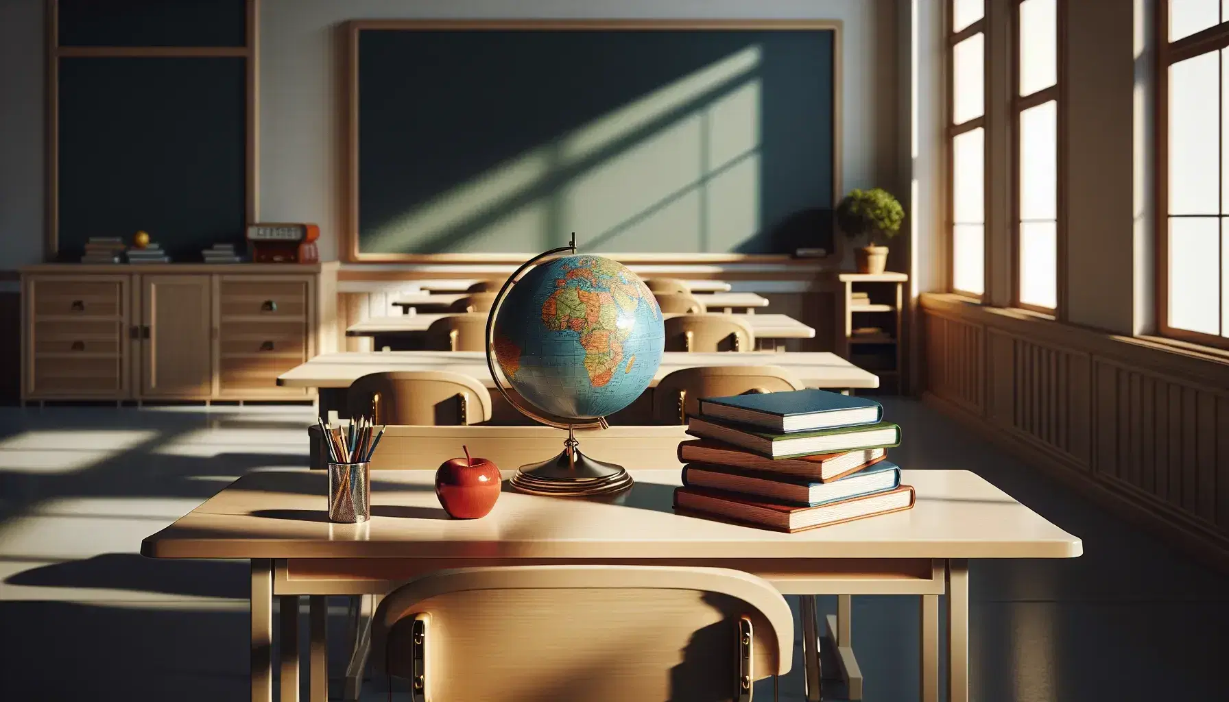 Aula luminosa con scrivania in legno, mela rossa, mappamondo e libri impilati, lavagna vuota e sedie ordinate, senza persone.