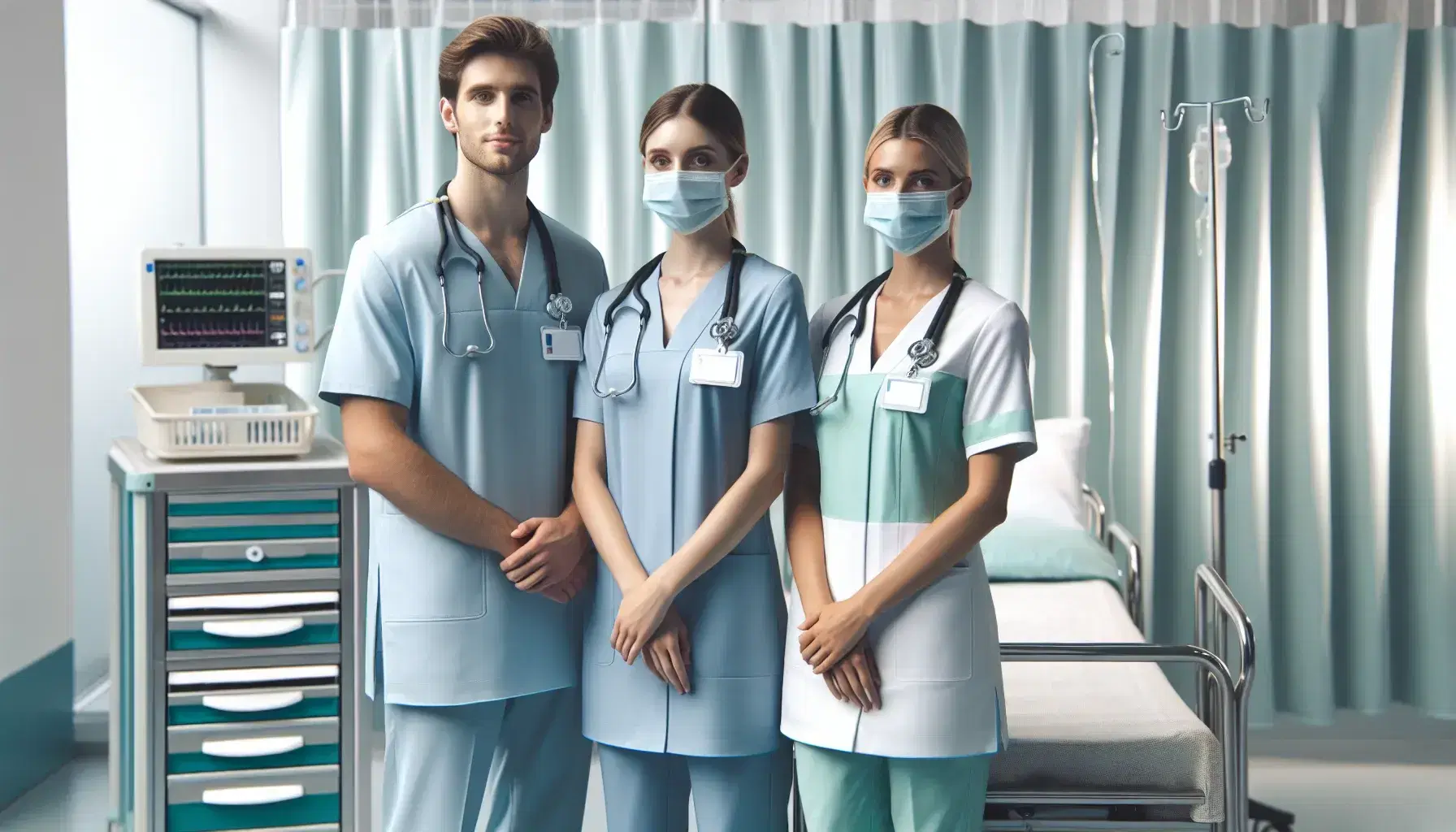 Tres enfermeros con uniformes de colores sólidos y estetoscopios posan en un hospital, junto a un carrito de acero y una cortina clara.