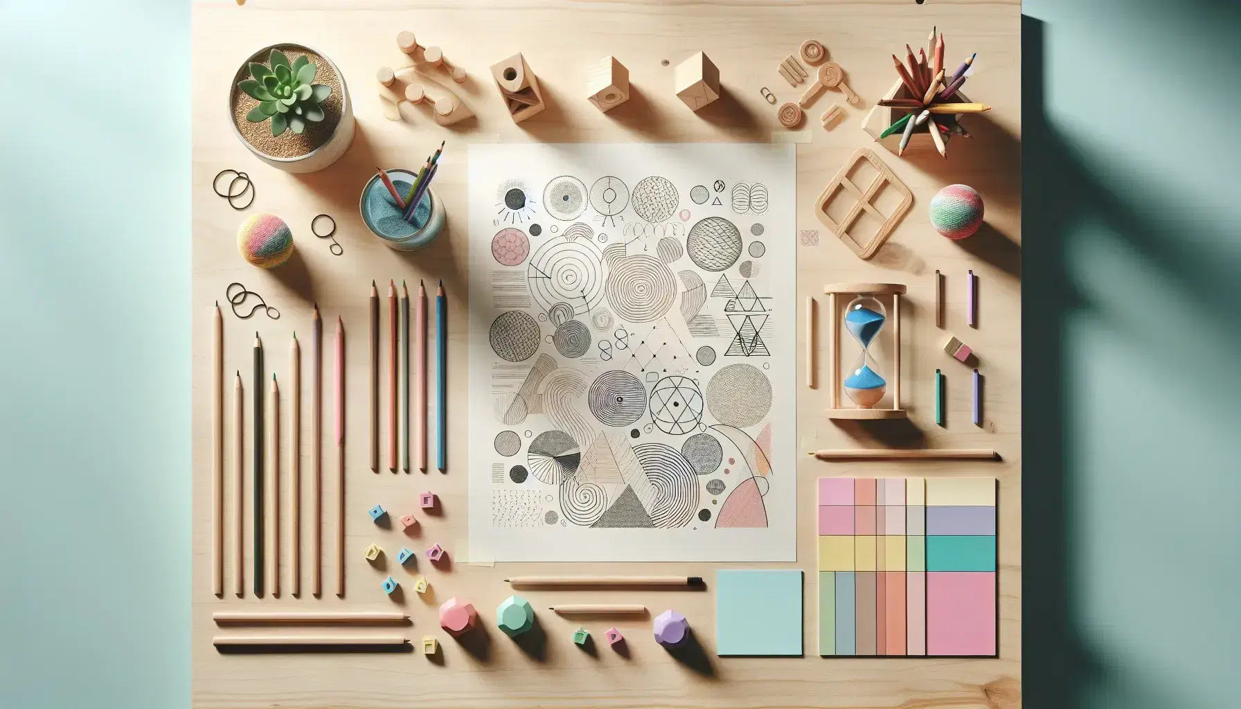 Mesa de trabajo de madera clara con papel de dibujos abstractos, lápices de colores, notas adhesivas pastel, reloj de arena con arena azul y figuras geométricas de madera.