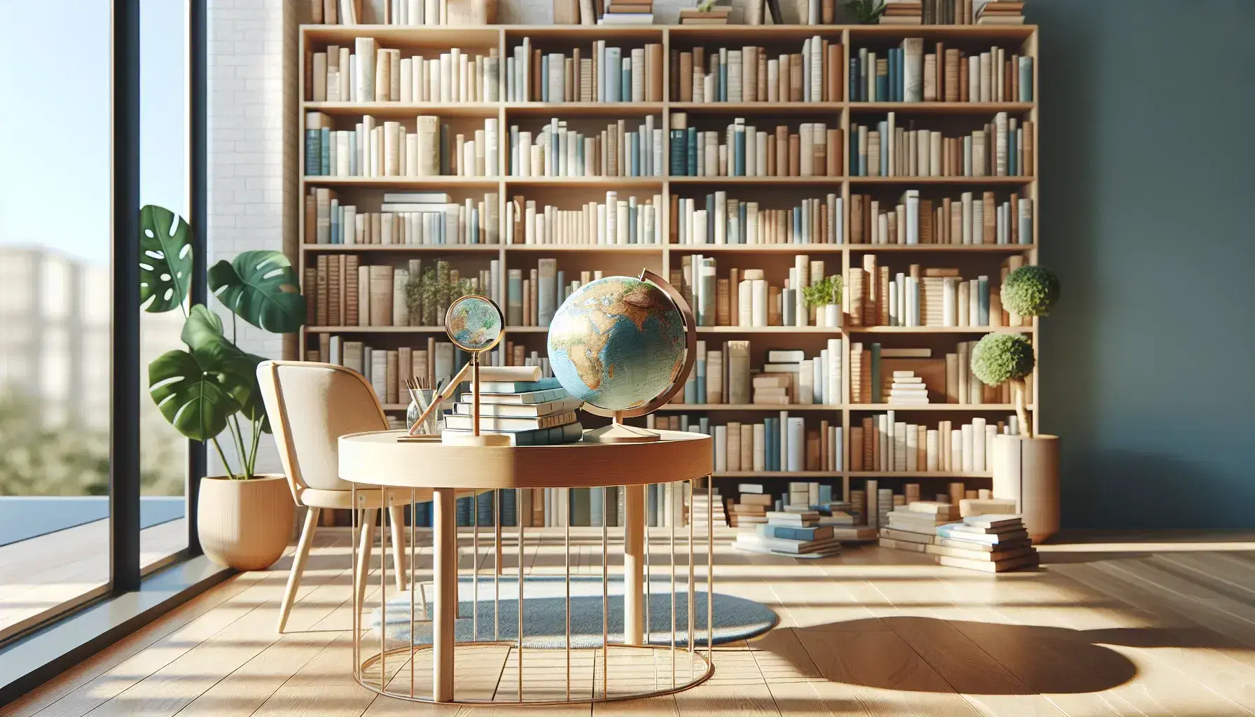 Biblioteca moderna y luminosa con estanterías de madera repletas de libros, mesa con globo terráqueo y lupa, silla ergonómica y planta interior.