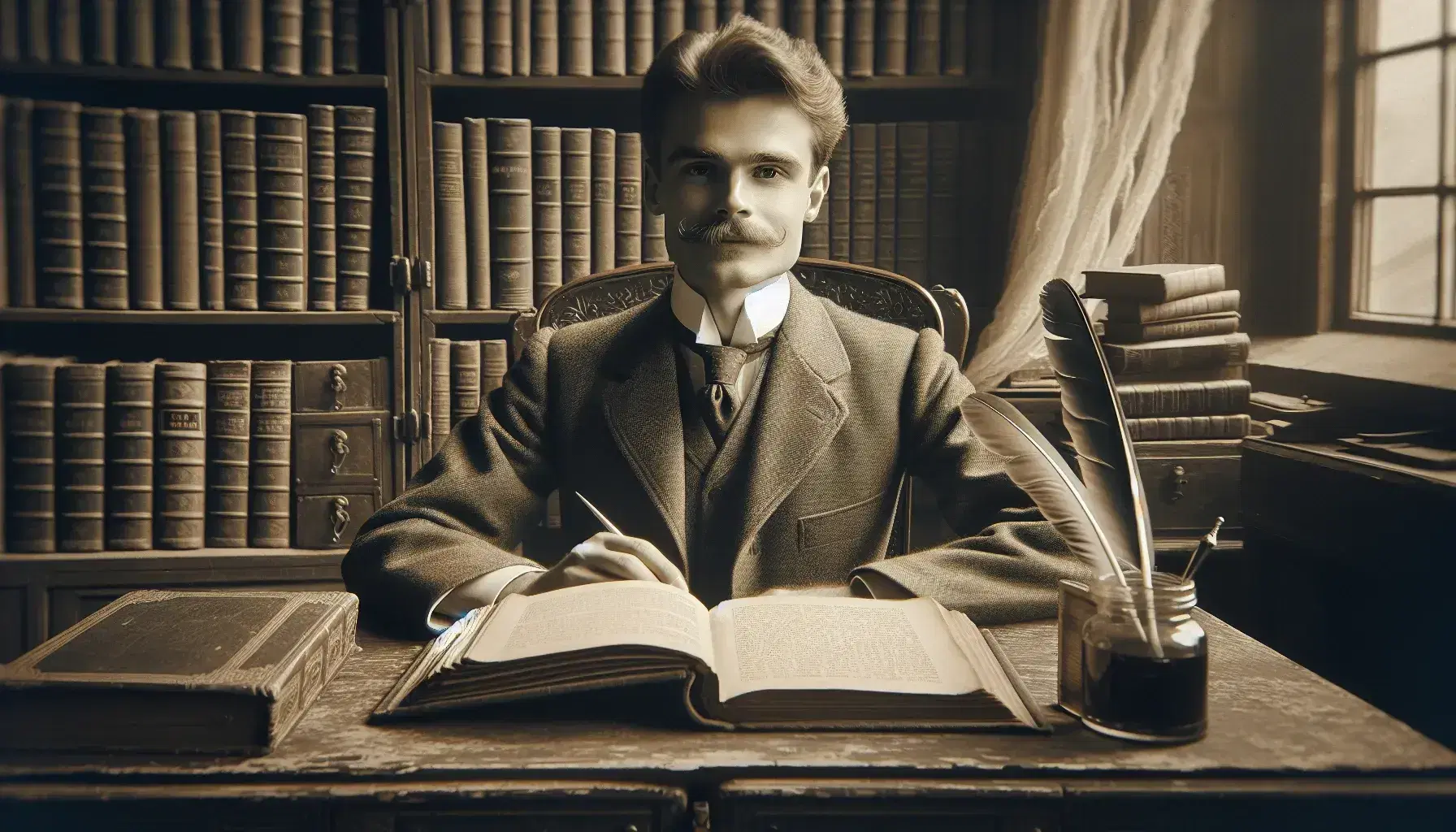 Vintage sepia photograph of an early 20th-century man in a suit seated at a wooden desk with an open book, quill, and inkwell near a window with sheer curtains.