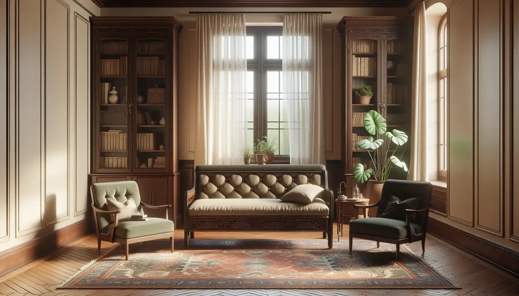 Diván terapéutico antiguo de madera tallada con cojín beige, flanqueado por sillas clásicas de tapicería verde y una librería repleta junto a una planta, bajo luz natural.