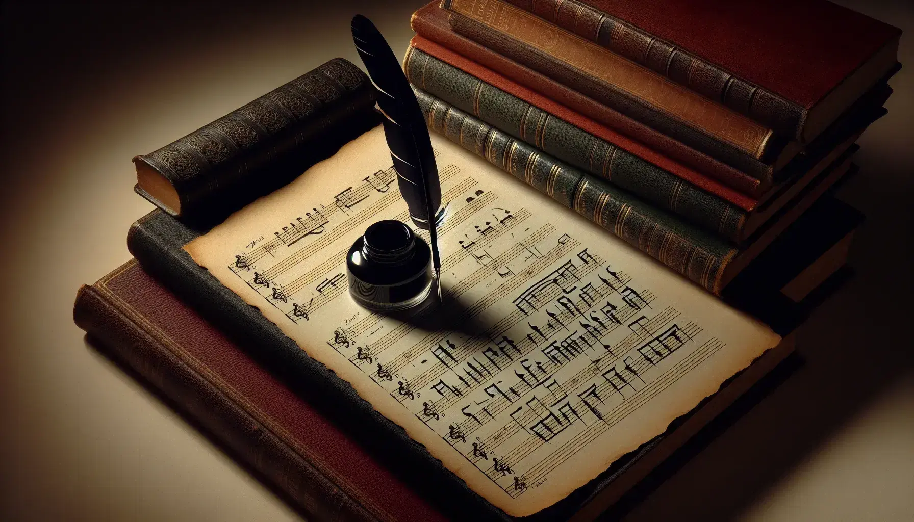 Pentagrammi vuoti su carta ruvida con piuma d'inchiostro nero e calamaio lucido sopra, accanto a libri antichi impilati.