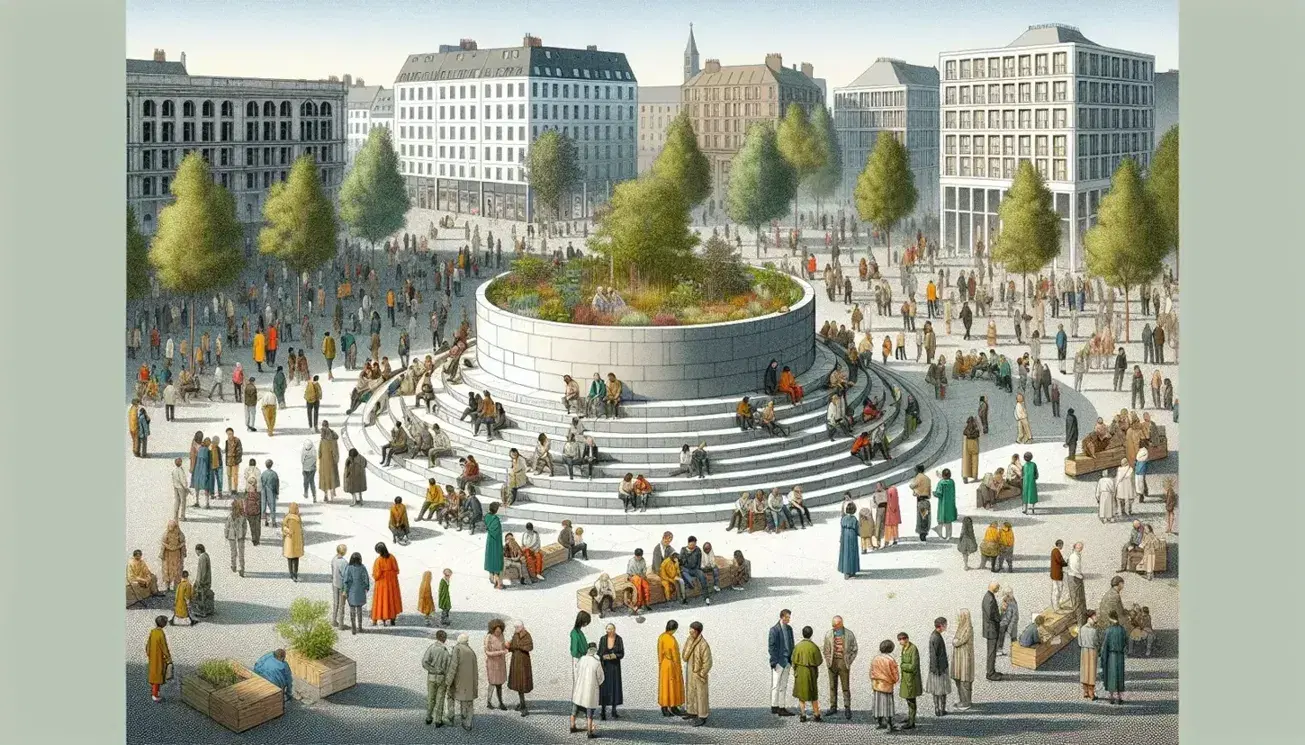 Grupo diverso de personas conviviendo en una plaza pública con estructura circular central y edificios urbanos al fondo en un día soleado.