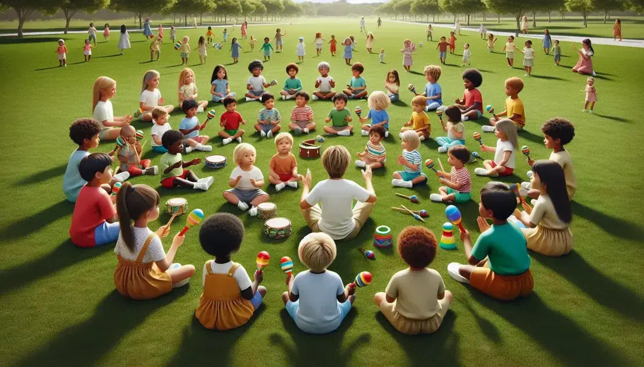 Multi-ethnic children with colorful musical instruments participate in an outdoor group activity, led by an adult in a sunny park.