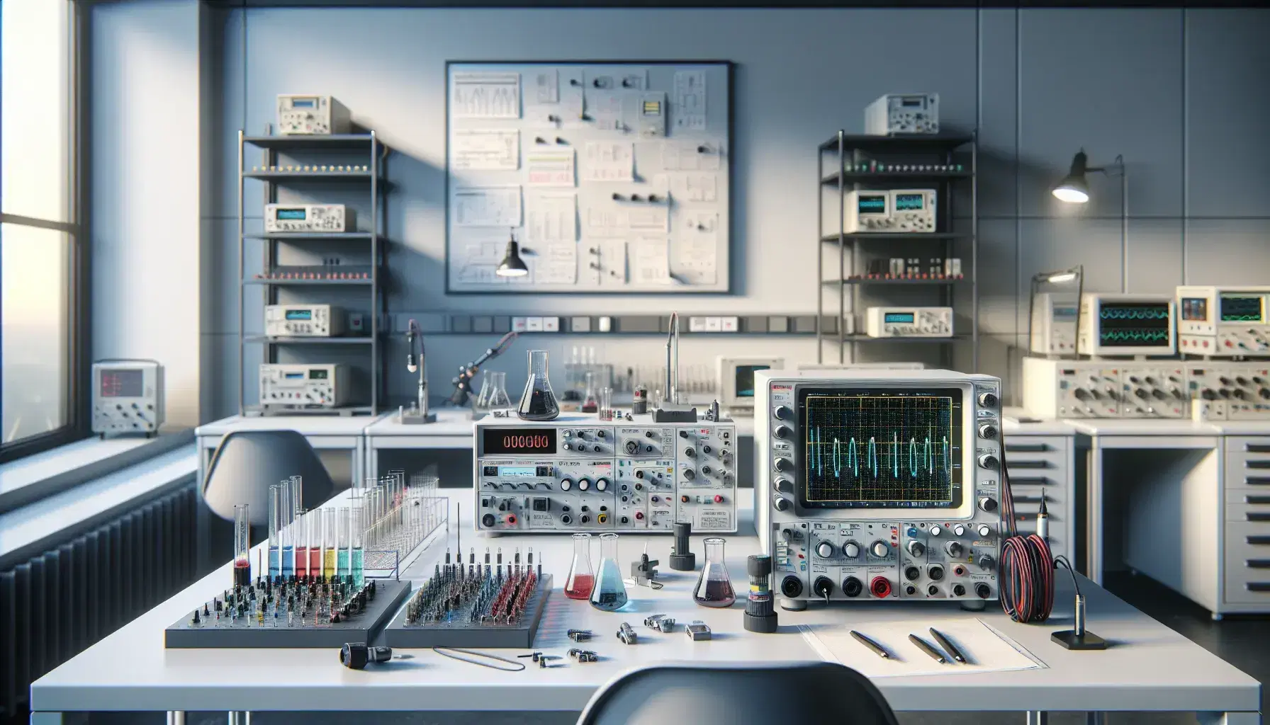 Laboratorio scientifico moderno con tavolo di lavoro, oscilloscopio spento, generatore di funzioni, cavi elettrici e circuiti su breadboard.