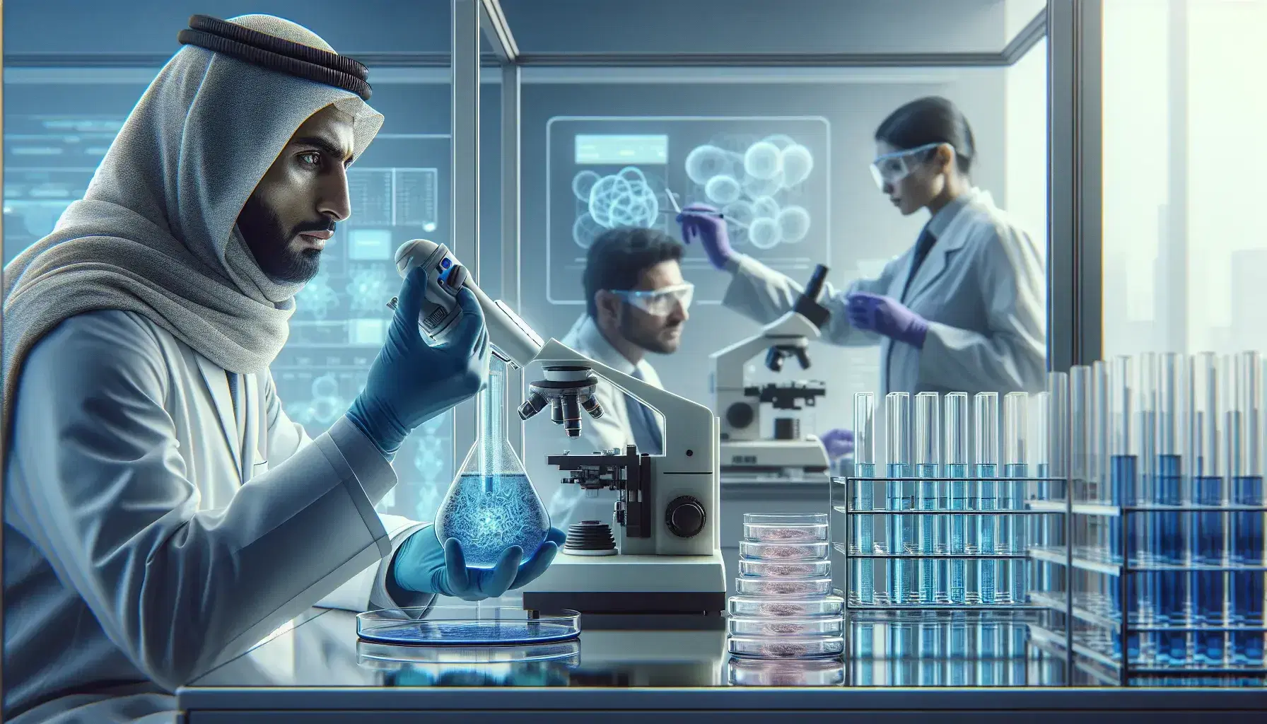 Modern laboratory with middle eastern scientist analyzing blue liquid in beaker, researcher at microscope and Asian female scientist with bottle on heater.