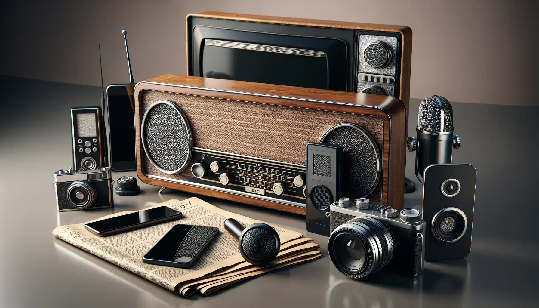 Colección de dispositivos electrónicos con radio retro, smartphone, periódico, TV plana, cámara digital y micrófono de estudio sobre superficie neutra.