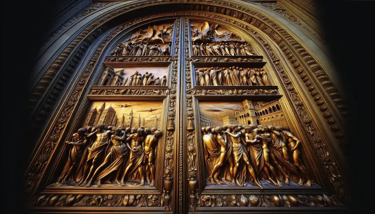 Porta del Battistero di San Giovanni a Firenze, dettaglio di un pannello in bronzo dorato con figure umane e elementi architettonici in prospettiva.