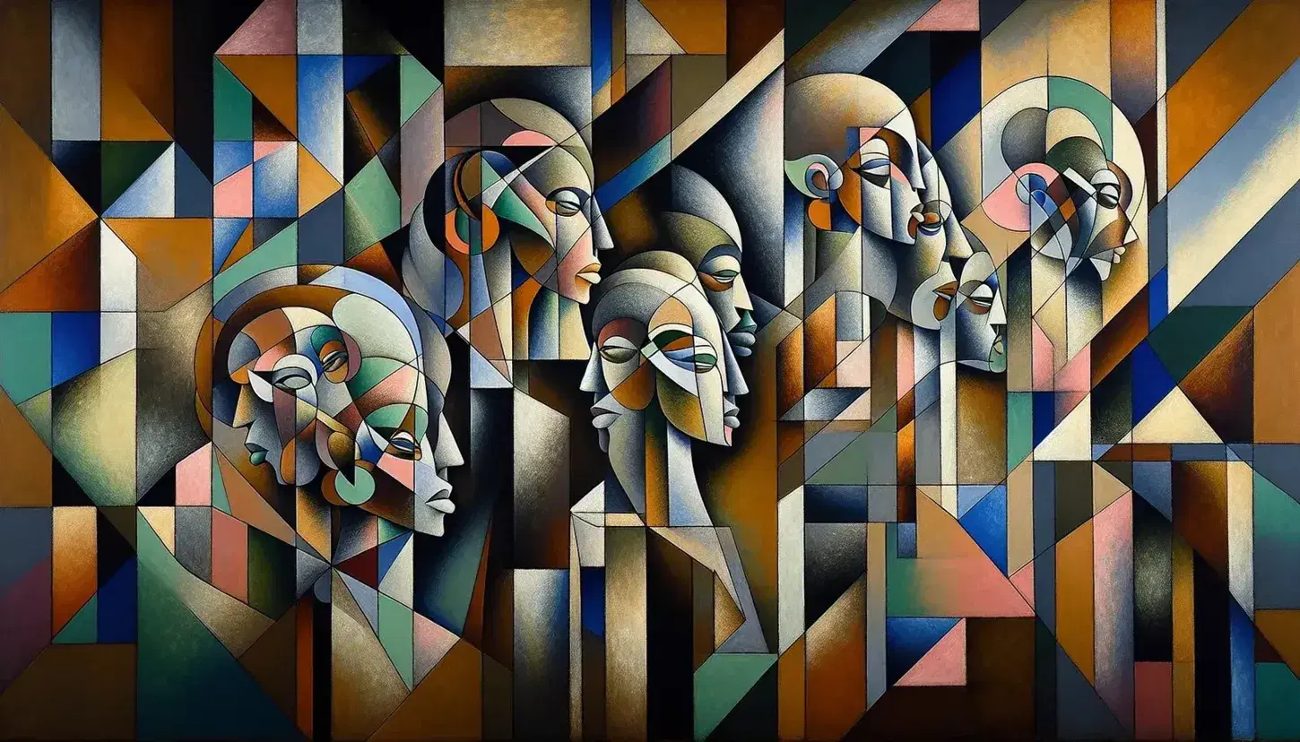 Dipinto di cinque figure femminili stilizzate con tratti geometrici e colori ocra, blu, verde e rosa su sfondo di elementi astratti.