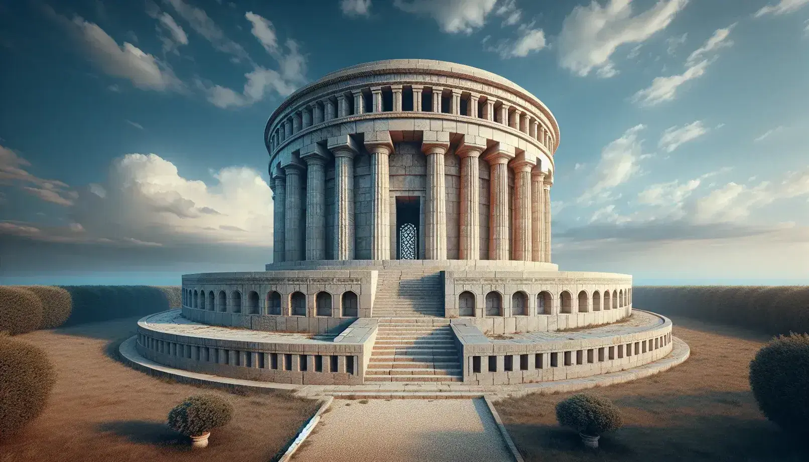 Mausoleo di Teodorico a Ravenna con base quadrata, sezione circolare superiore e cupola monolitica sotto cielo azzurro.