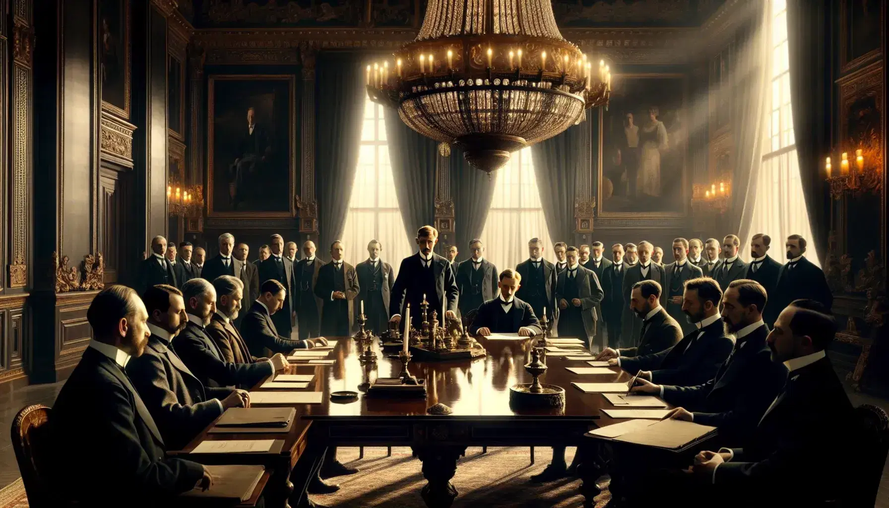 Solemn ceremony in period hall with men in 1920s clothes around a reflective table, discussing documents under a crystal chandelier.