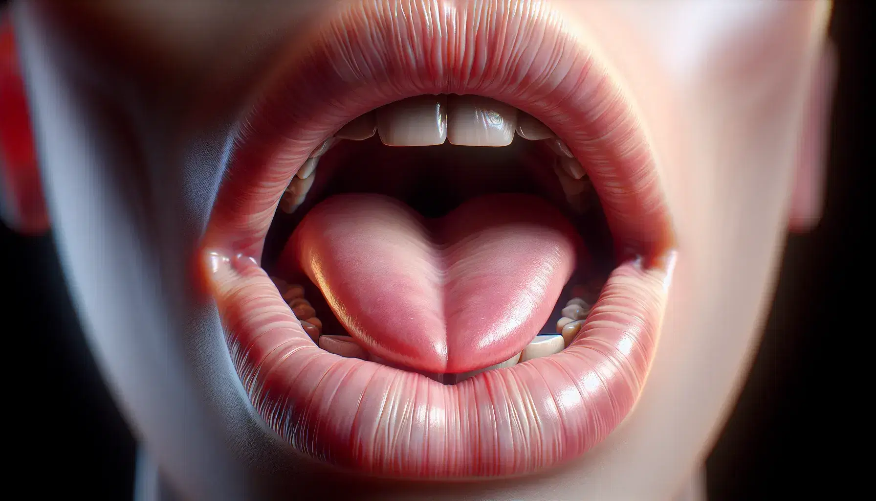 Close-up view of a human mouth with slightly parted lips and tongue raised, indicating vowel articulation, against a blurred background.