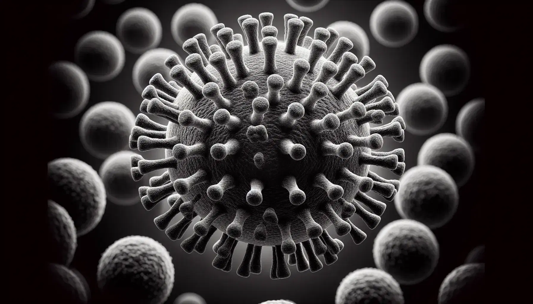Electron microscope view of rod-shaped negative sense RNA viruses with darker cores and lighter envelopes, densely clustered on a gradient gray background.