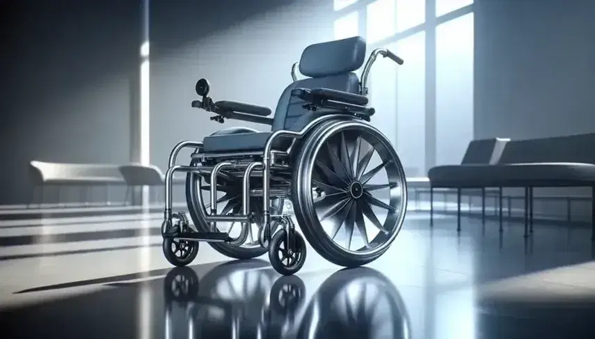 Silla de ruedas moderna y ergonómica con marco de metal plateado, ruedas grandes, asiento y respaldo acolchados en azul oscuro, y reposapiés metálicos ajustables.
