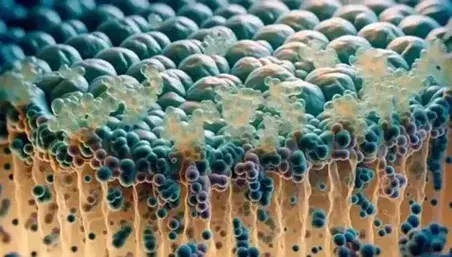 Macro photography of a cell membrane with protruding glycolipids and branched carbohydrate chains in shades of blue and green on a blurred background.