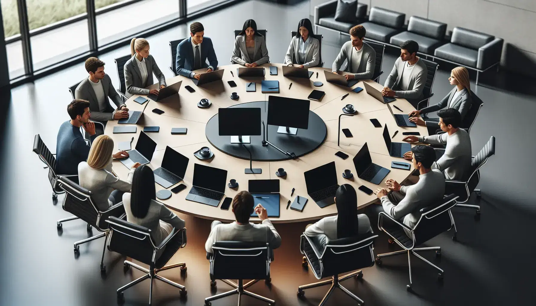 Multi-ethnic group meeting around a circular table with laptop and smartphone, in a modern conference room with city view.