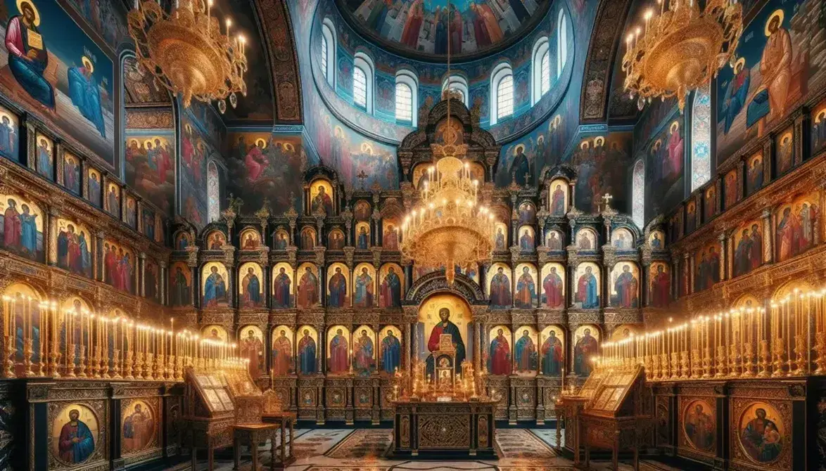 Eastern Orthodox Church interior with a detailed iconostasis, vibrant icons, hanging chandeliers, and a domed ceiling featuring Christ Pantocrator.