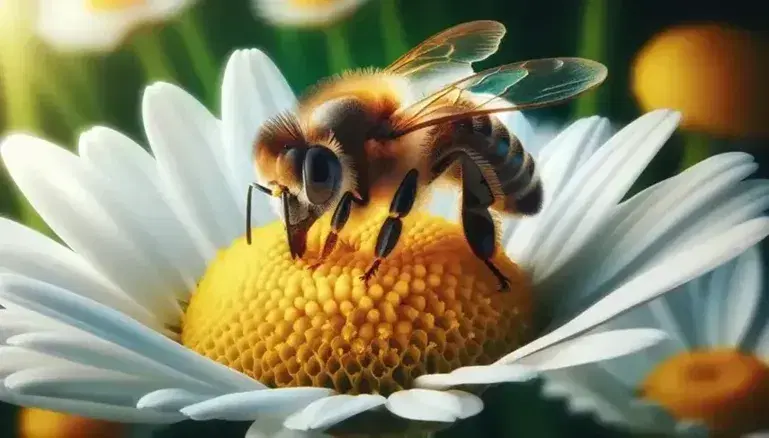 Honey bee on yellow daisy center, with iridescent wings and pollinated legs, vivid contrast with white petals and green background.